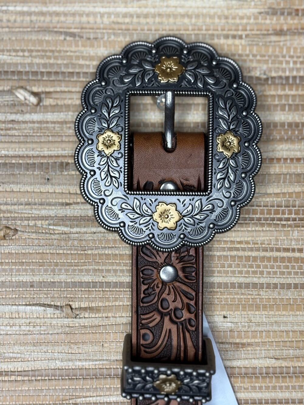 Shyanne Women's Floral Tooled Leather Belt w/ Painted Buckle Brown Sz S